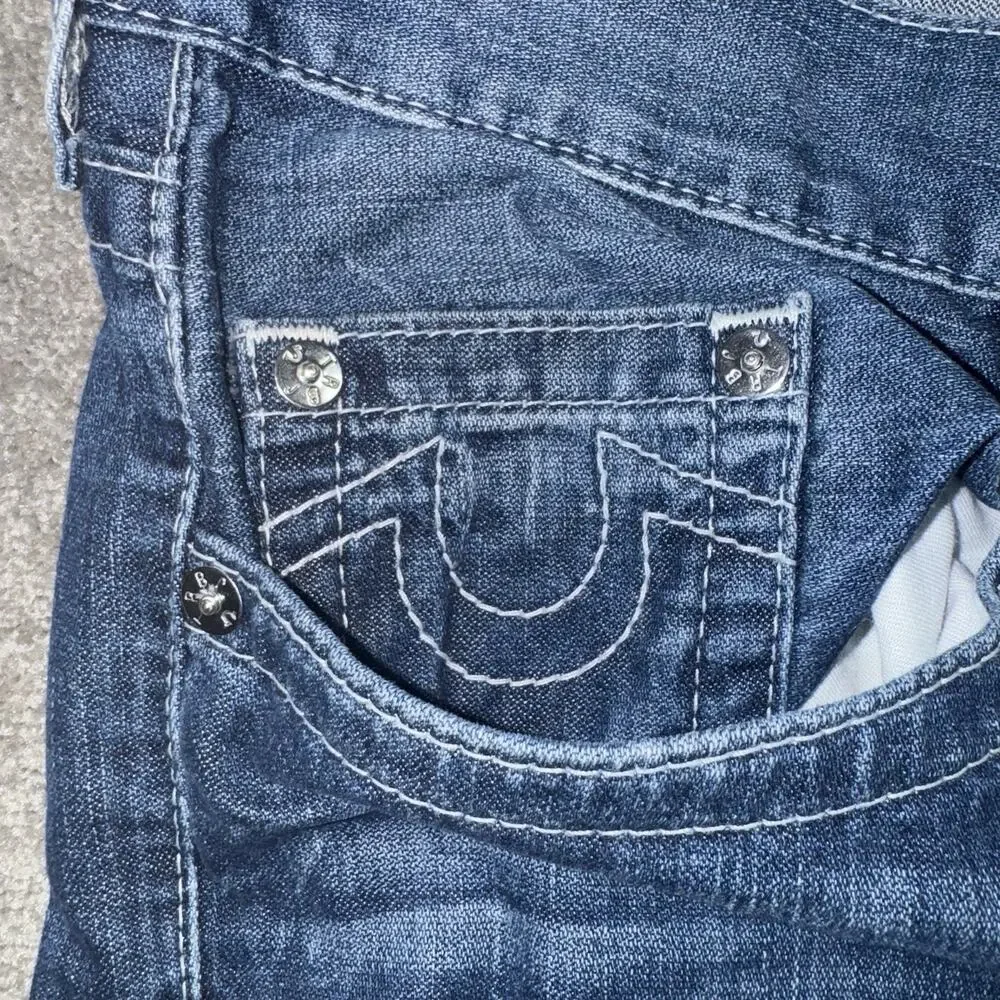 True Religion Mens 40 Skinny Fit Jeans Blue Distressed Denim‎ Designer USA